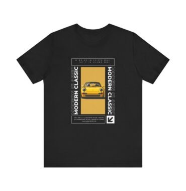 Yellow Porsche 959 T-Shirt with exclusive graphic artwork of the iconic car, made from 100% Airlume combed and ringspun cotton.