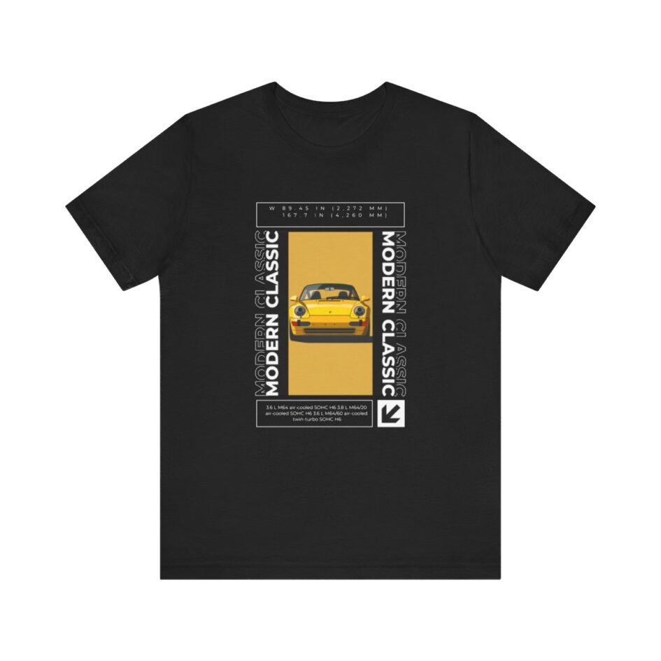 Yellow Porsche 959 T-Shirt with exclusive graphic artwork of the iconic car, made from 100% Airlume combed and ringspun cotton.