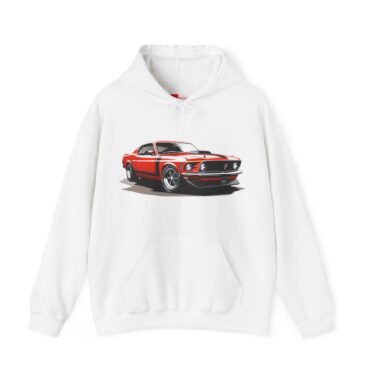 A detailed artistic sketch of the Vintage Ford Mustang displayed on a cozy, heavy blend hooded sweatshirt, complete with a kangaroo pocket and matching drawstring.