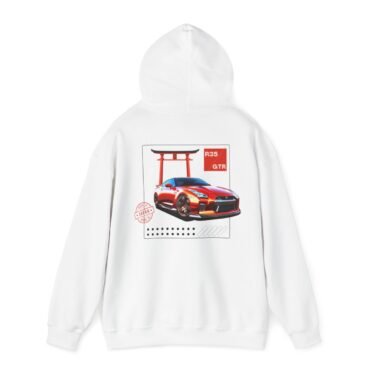 Artistic sketch of Red Nissan GTR in Japan on a cozy Nissan R35 GTR hoodie.