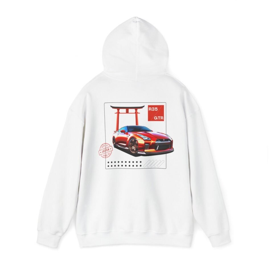 Artistic sketch of Red Nissan GTR in Japan on a cozy Nissan R35 GTR hoodie.