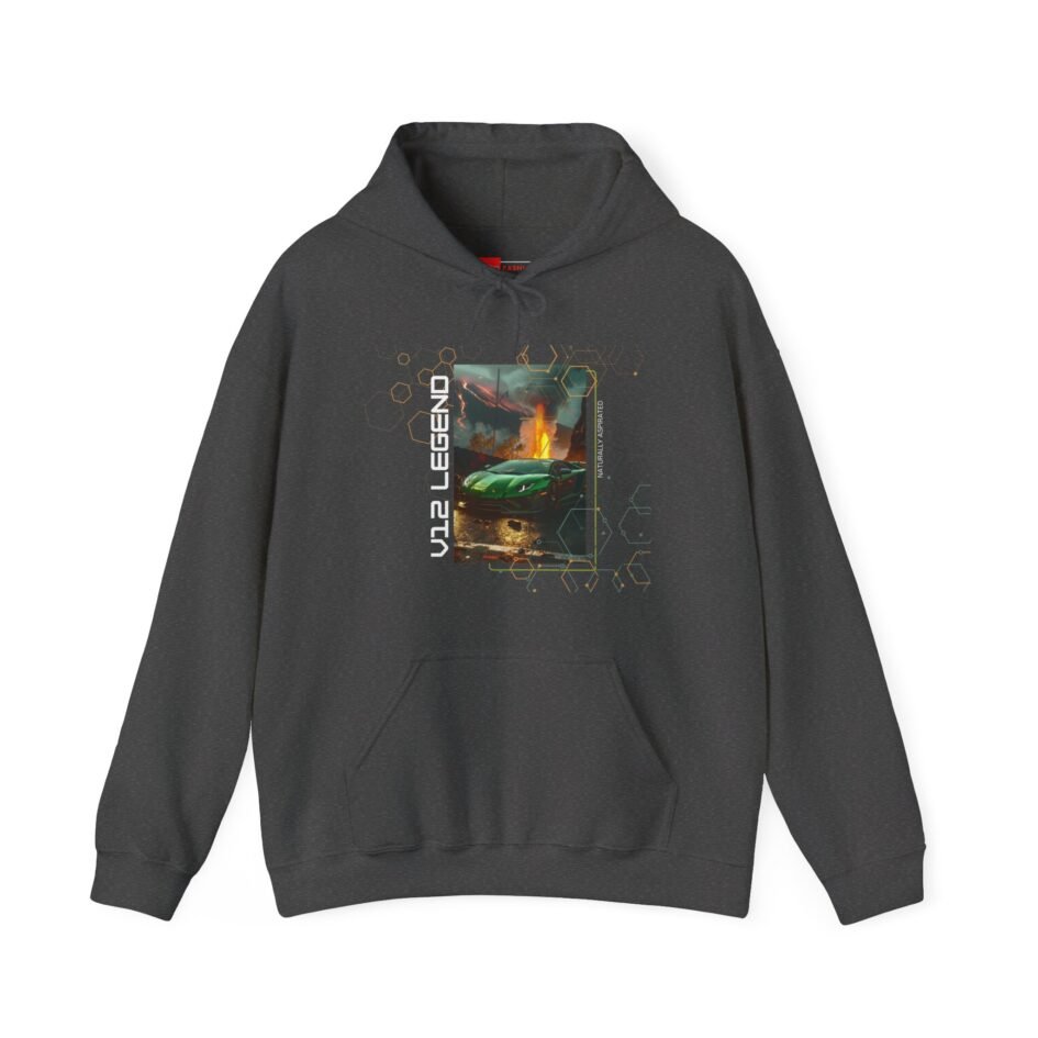 Image of the Green Lamborghini Lamborghini Avenatador Hooded Sweatshirt showcasing Lamborghini Huracan artistic sketches.