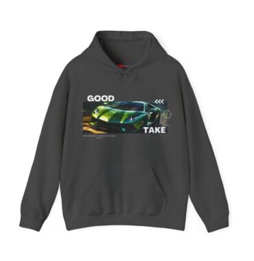 Green Lamborghini Aventador Hooded Sweatshirt with exclusive Aventador sketches and the inspiring quote "Good things take time."