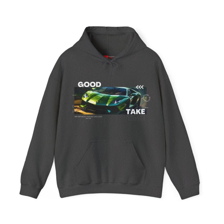 Green Lamborghini Aventador Hooded Sweatshirt with exclusive Aventador sketches and the inspiring quote "Good things take time."