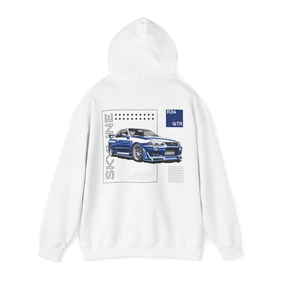 Artistic sketch of Blue R34 Skyline GTR on a cozy hoodie for JDM fans.